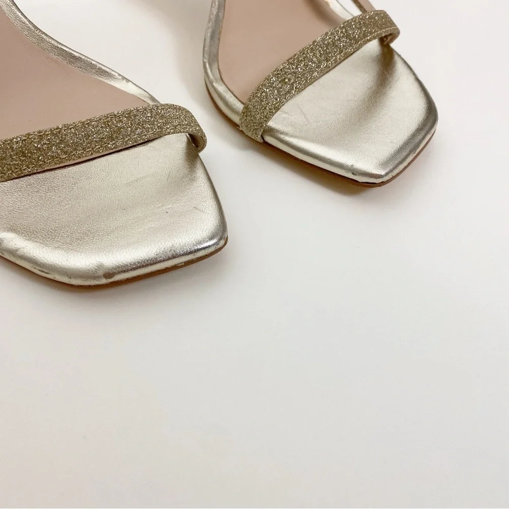 Stuart Weitzman Amelina Glitter Gold Ankle Strap Sandals Heels